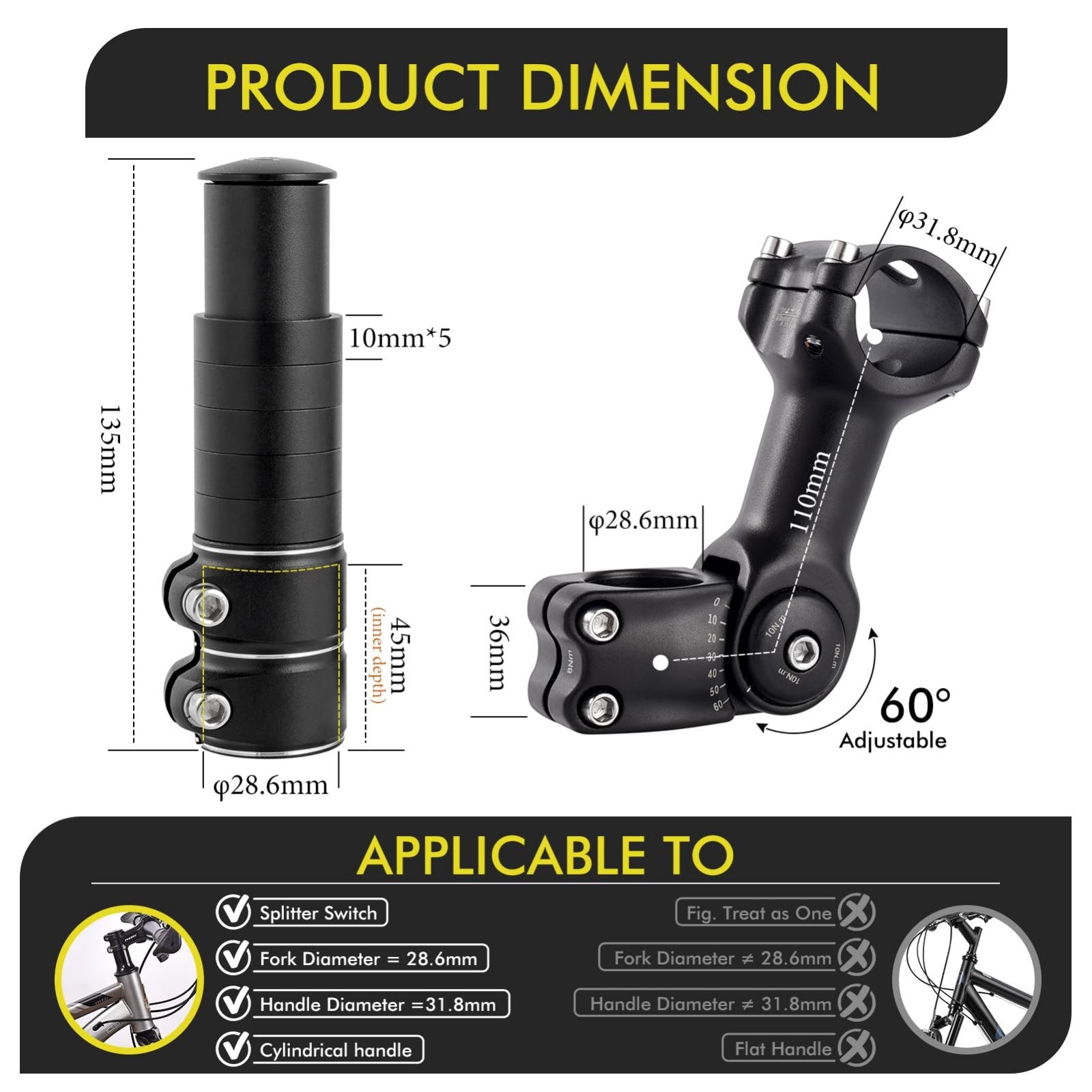 Adjustable Bike Stem Riser Handlebar Extender 31.8mm 60° for Mountain Road Cycli