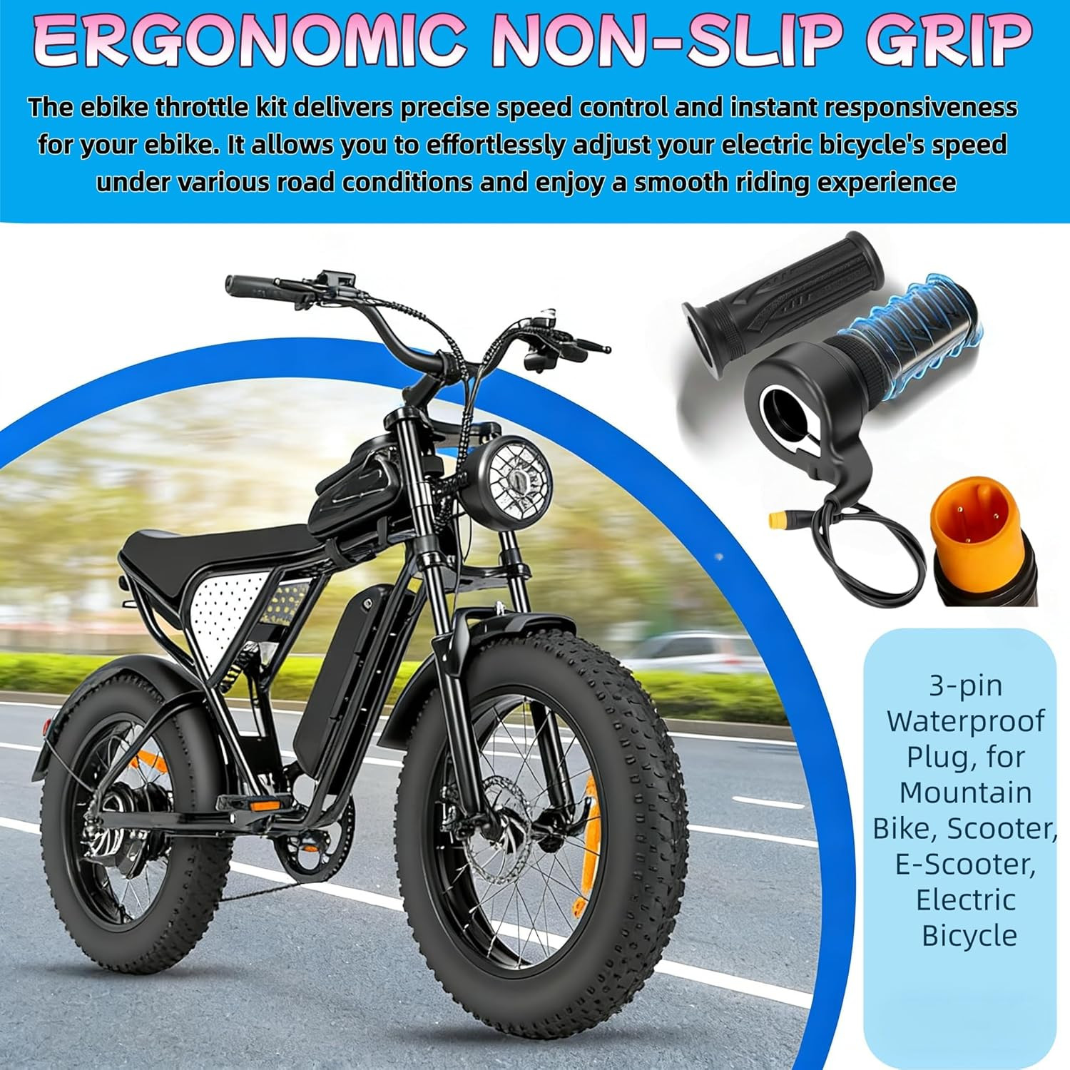 20X Full Twist Throttle Grip, for Ebike 12V-72V, 22.2Mm Handlebar, 3Pin Waterpro