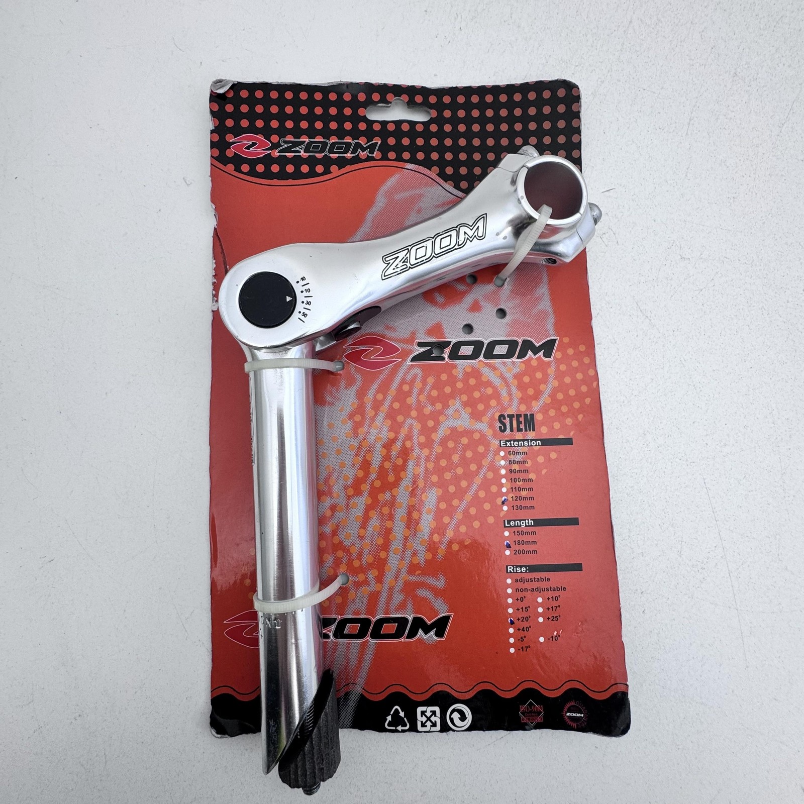 Zoom Quill Stem Adjustable 1 1/8in 25.4 120mm X 180mm +20° Rise Silver Bike A69