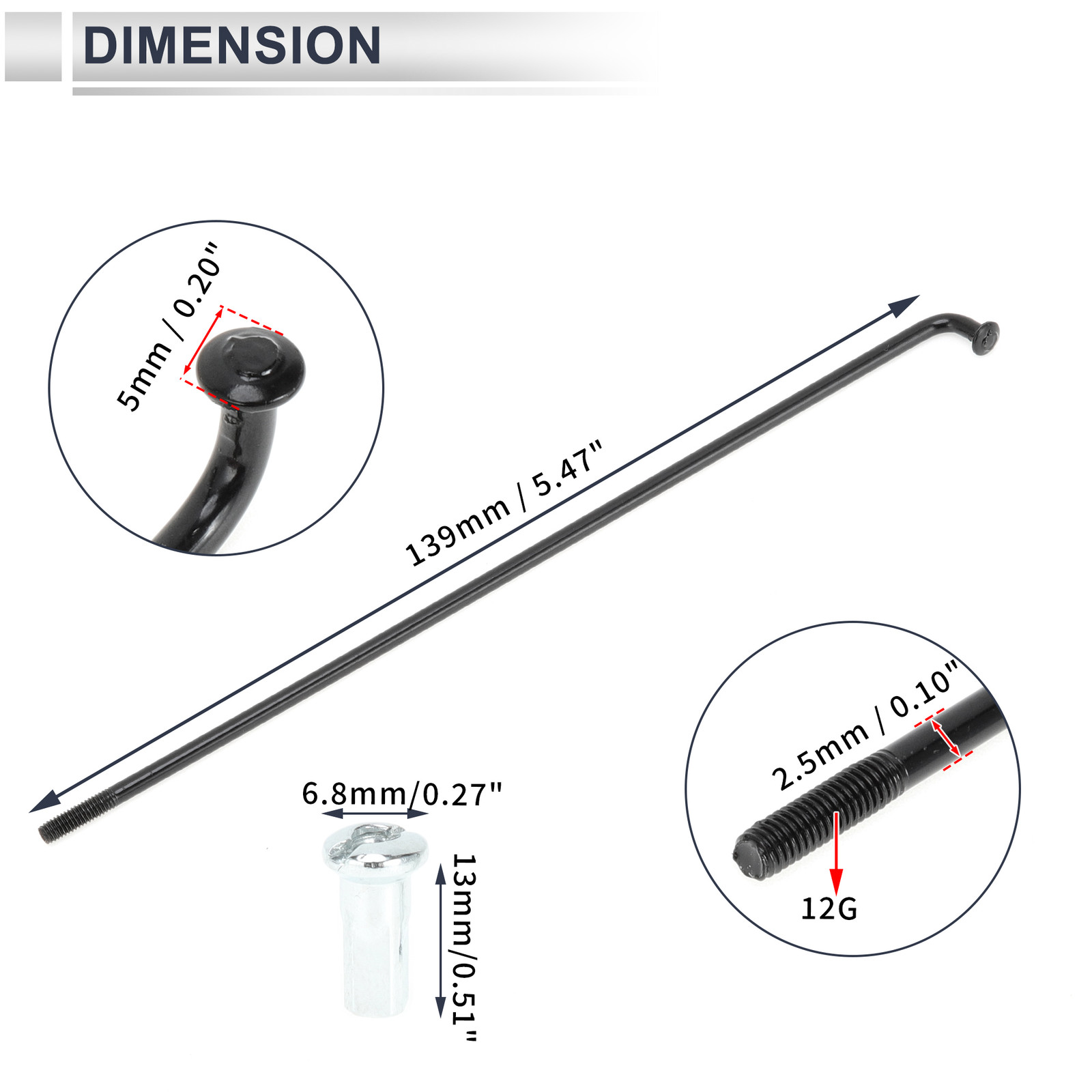 1 Set 12G 139mm Length Bicycle Spokes Nipple Carbon Steel Black Universal