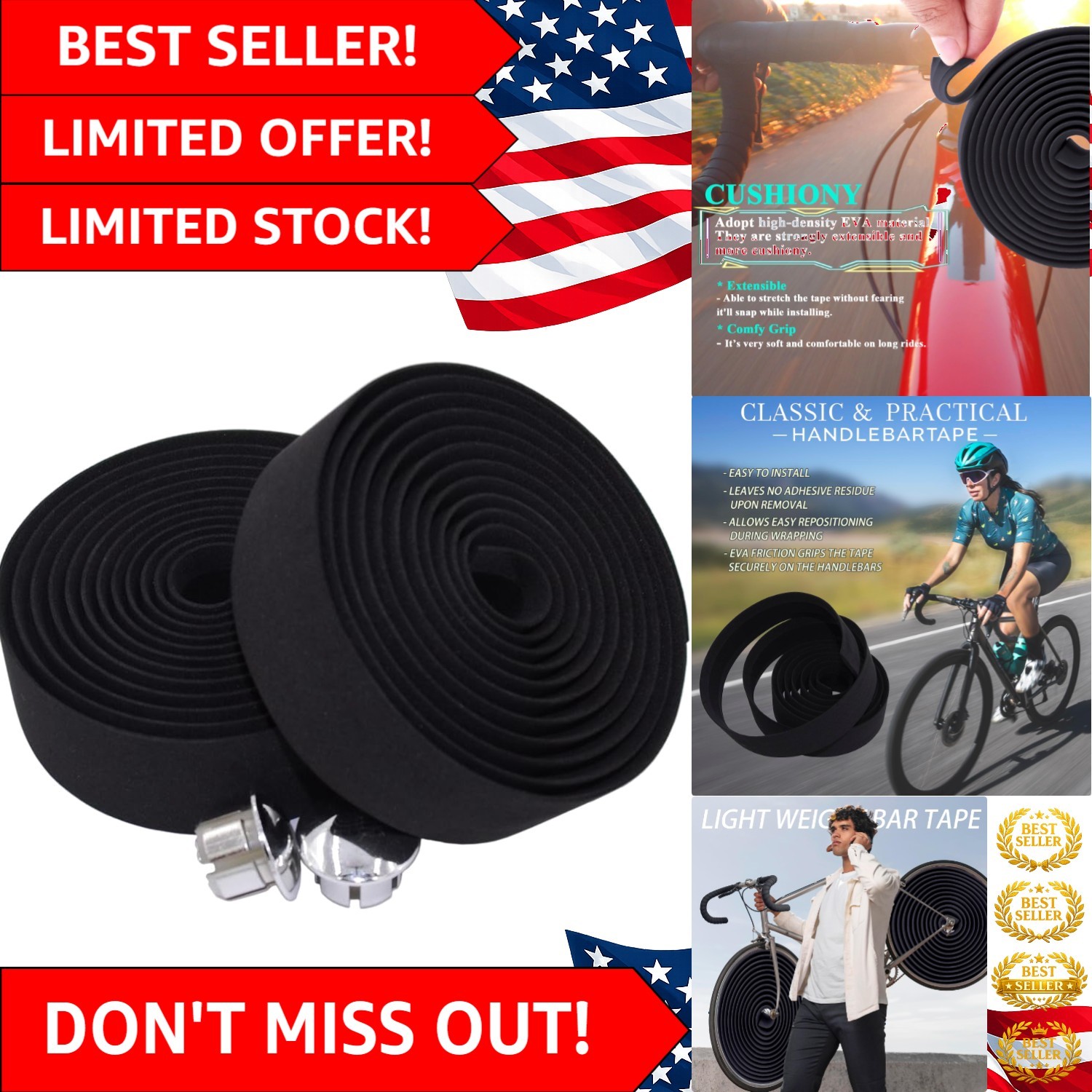 2PCS EVA Road Bike Bar Tape – Water-Resistant, Anti-Slip, Shock-Absorbing Design