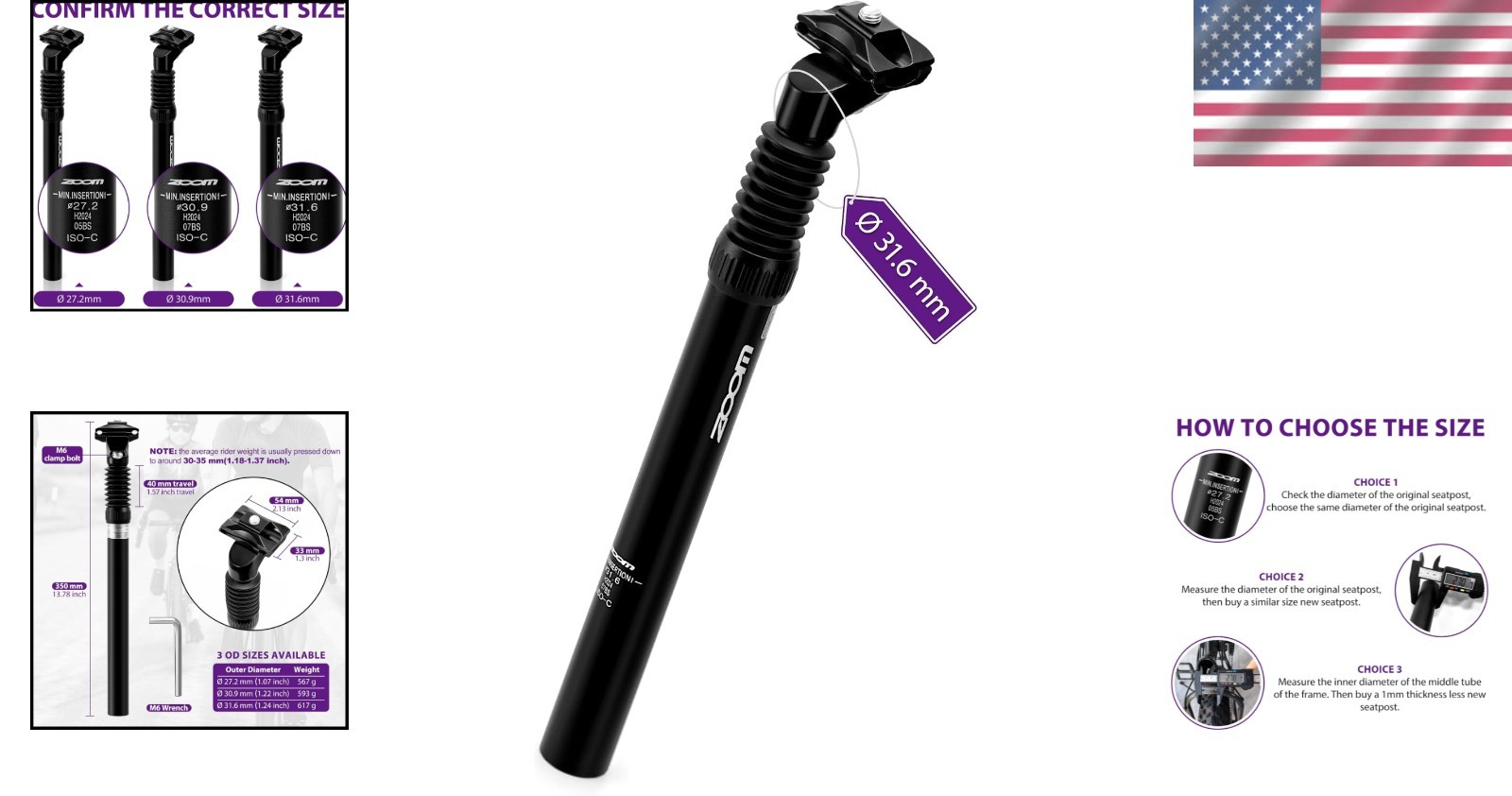 Cycling Essential: Zoom 31.6 x 350mm Suspension Seatpost for All Bike Types