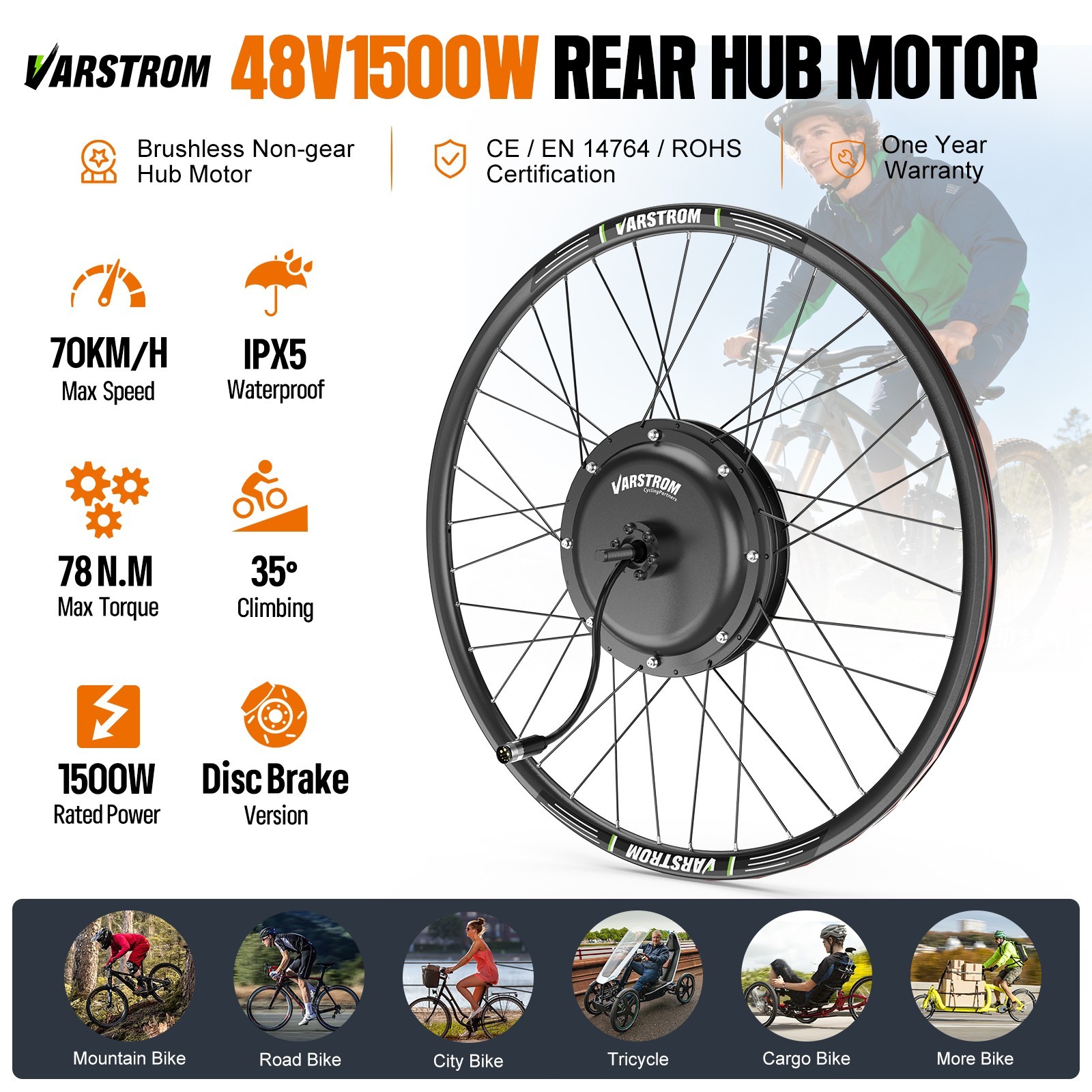 48V1500W26″27.5″700C Varstrom Rear Wheel Hub Motor Cassette EBike Conversion Kit