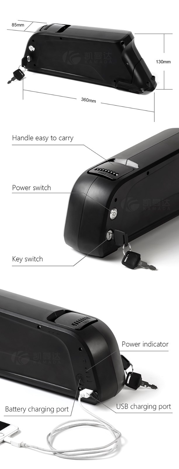 Electric Bike Ebike 48v Li-ion Battery Dolphin Case Box + USB Plug Switch