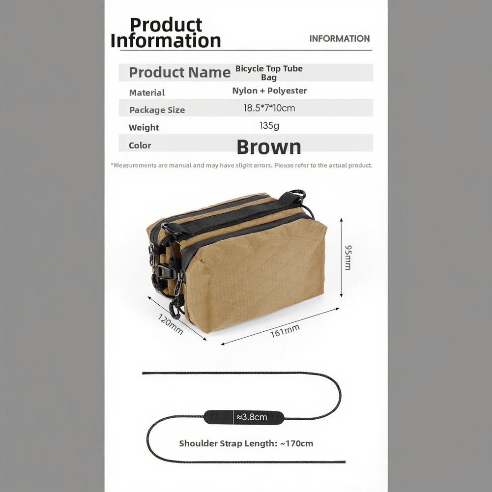 Compact Frame Mounted Bike Bag for Road MTB Use 16.1x12x9.5cm Polyester Brown