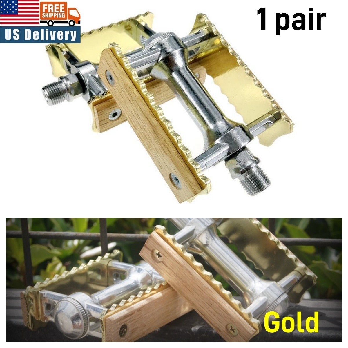 Vintage Wood Aluminum MTB Road Bike Pedals Anti-slip Bicycle Flat Pedals Gold