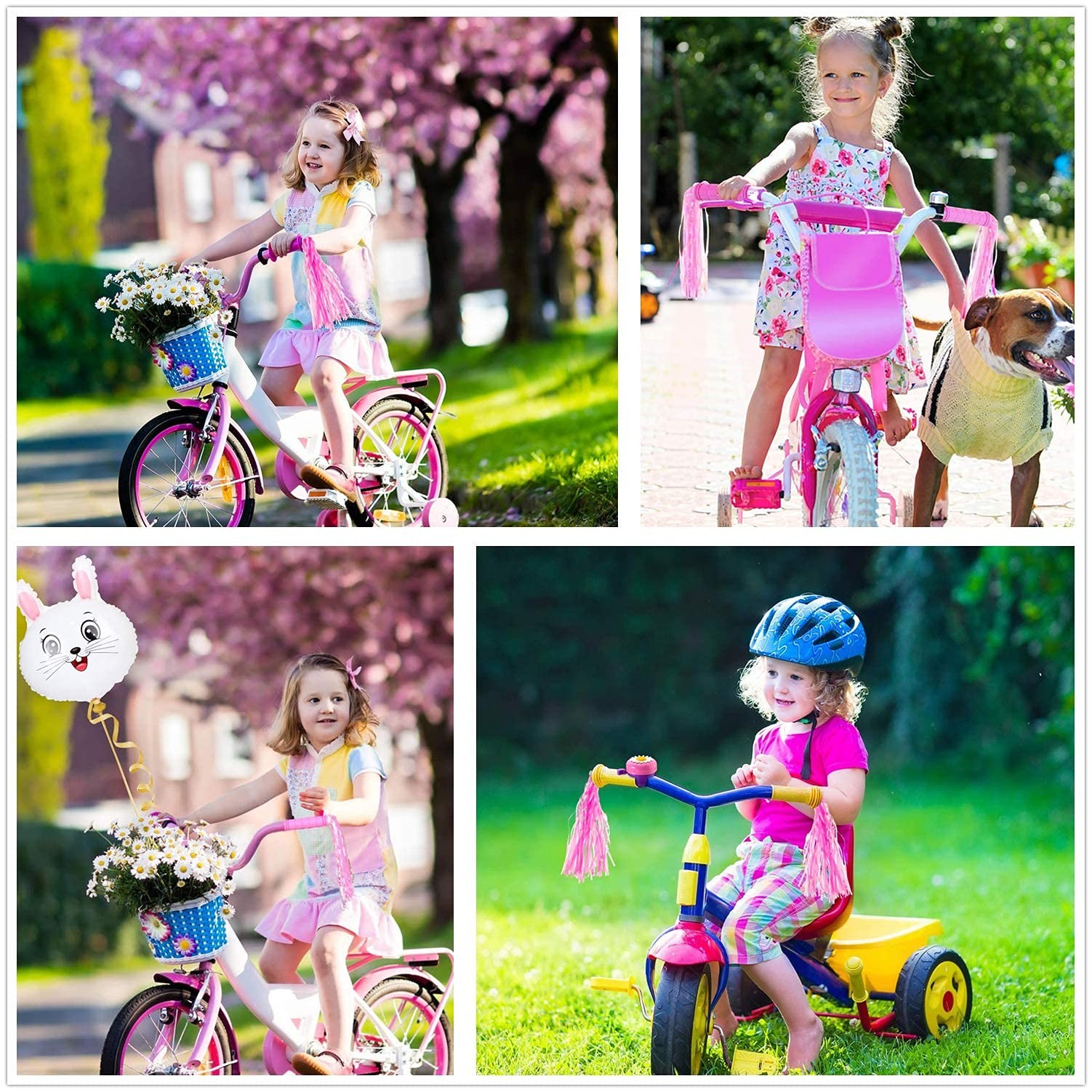 Bike Handle Grips with Tassel Streamers 4.7 inches x 0.87″, Pink &