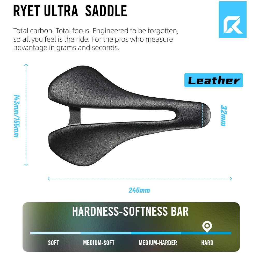 RYET Carbon Bike Saddle 81g/87g Leather Surface Road, MTB & Gravel Racing Seat