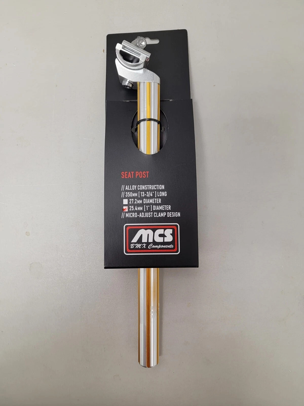 MCS BMX FLUTED ALUMINUM BICYCLE SEATPOST w/clamp GOLD/SILVER ANODIZED 25.4x350mm