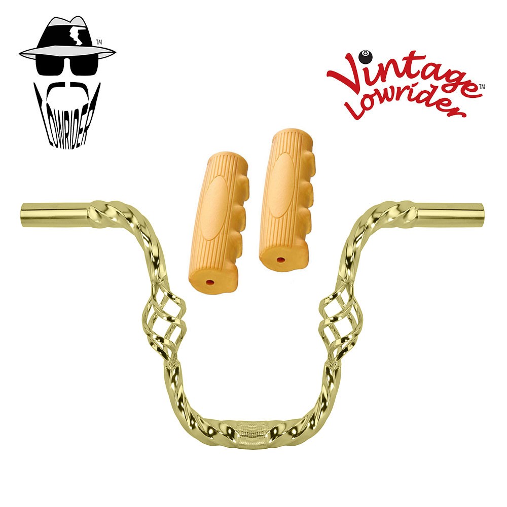 Lowrider Cage Twisted 9″ 25.4mm Handlebar Gold 0214 120mm Grips Solid/Beige