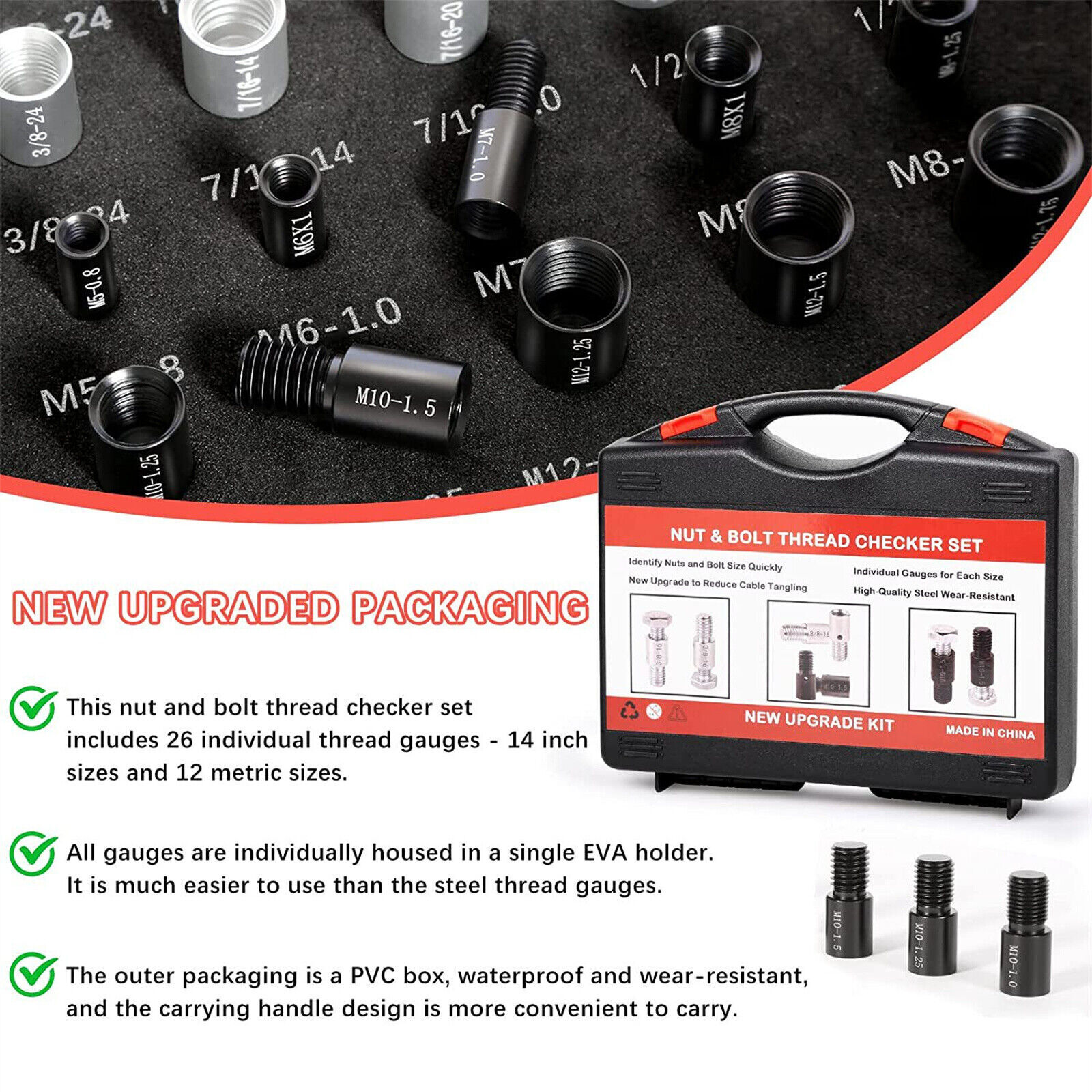 Inch & Metric Sizes Bolt/Nut Identifier 44pcs Nut/ Bolt Thread Checker Gauge Box