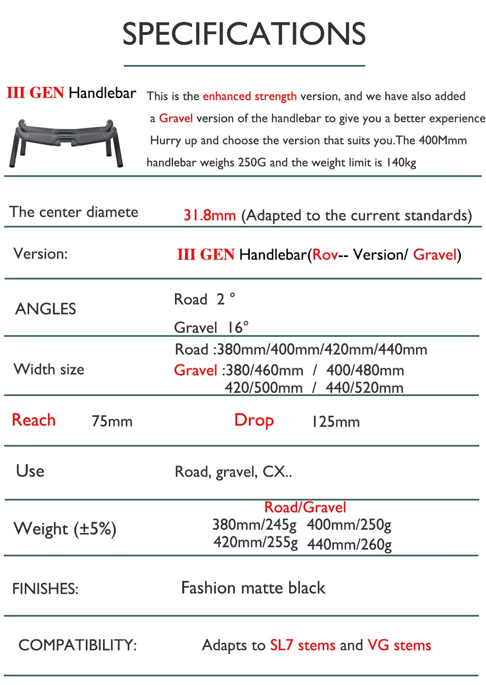 31.8*380 400 420 440mm T1000 Carbon Fiber Gravel Road Bike Handlebar with Stem