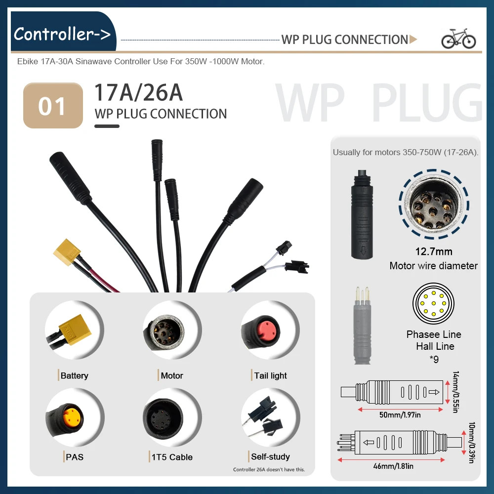 Ebike Three-Mode 17A-30A Sinewave Waterproof Controlle 24V-48V 250W-1000W Motor