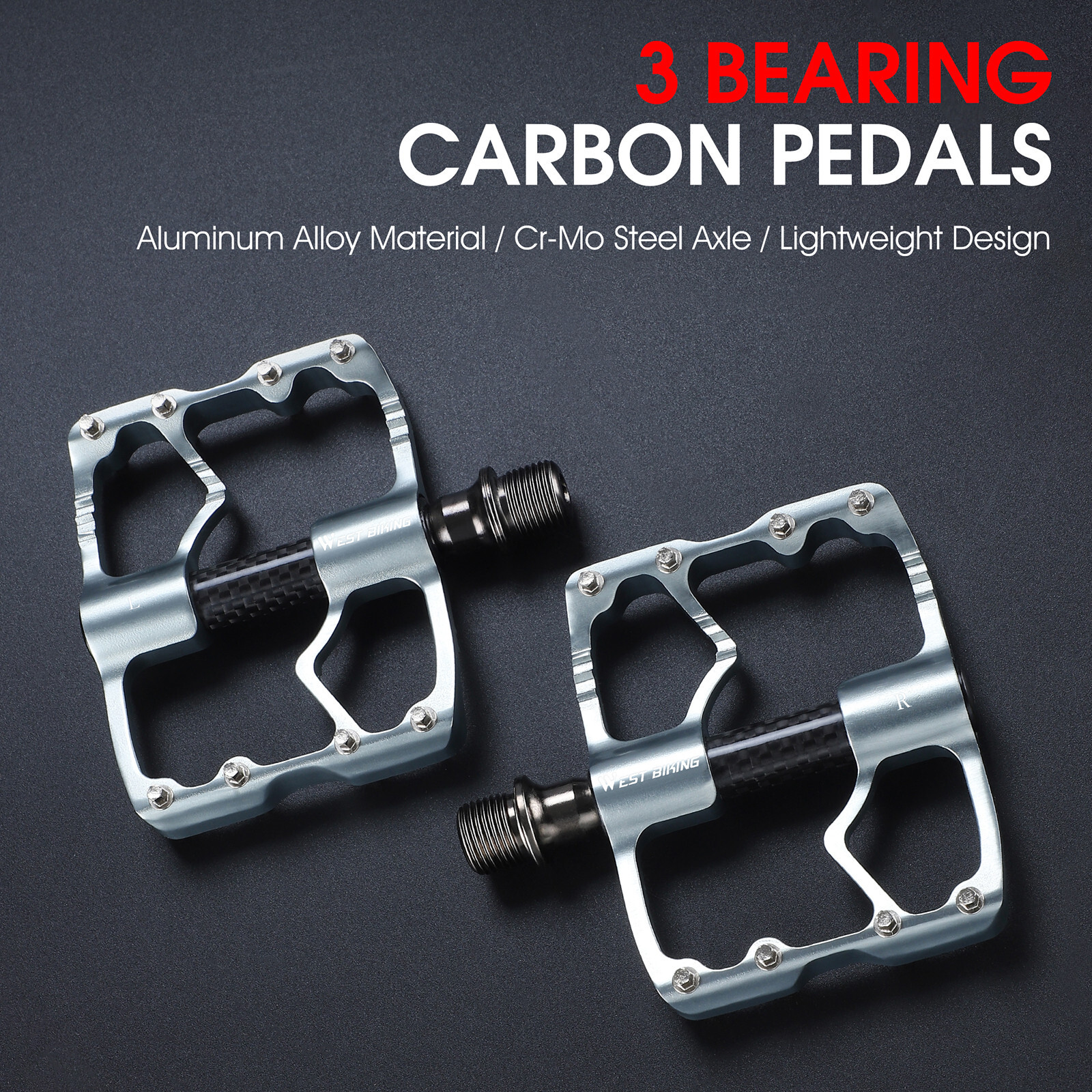 WEST BIKING Bicycle Pedals Road Bike Carbon Fiber 3 Bearings Aluminum Pedals