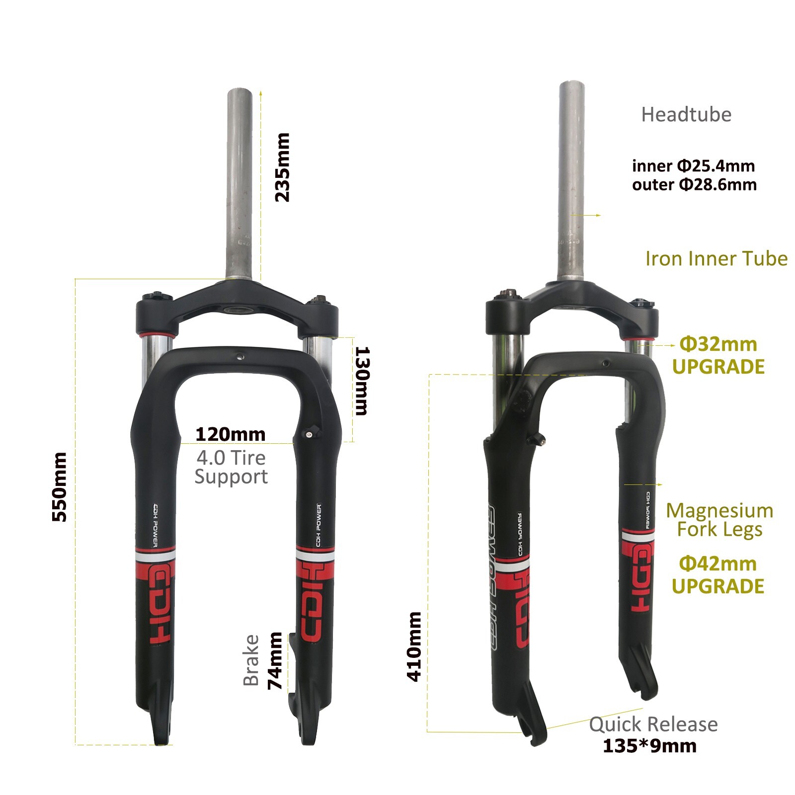 CDH 26X4.0″ Suspension Fat tire Bike Fork Oil Spring for Beach Snow Bike E-Bike