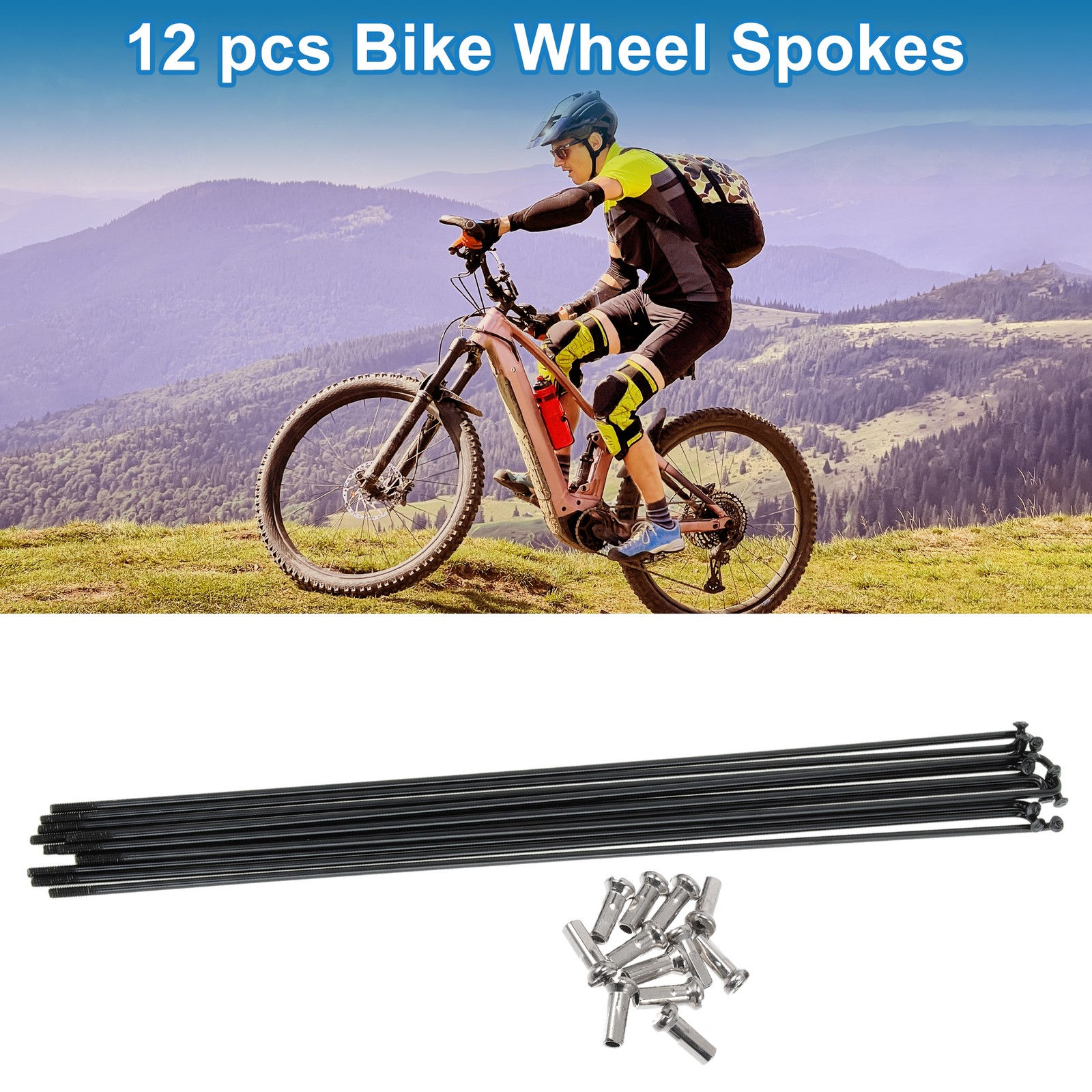 1 Set 14G 225mm Length Bicycle Spokes Nipple 304 Stainless Steel Black Universal
