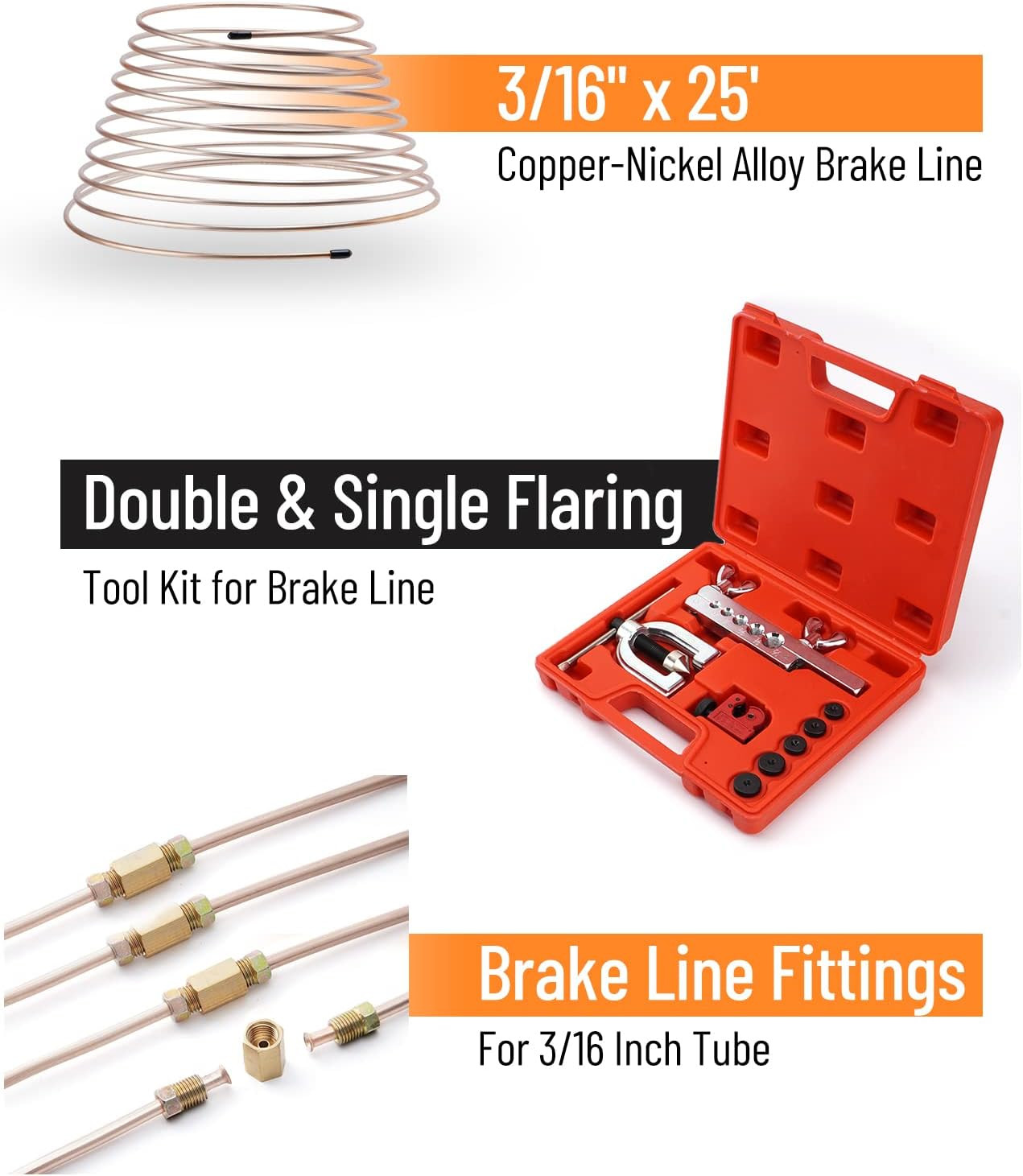 25 Ft 3/16″ Copper-Nickel Alloy Non-Magnetic Brake Line Kit (Includes 16 Fitting