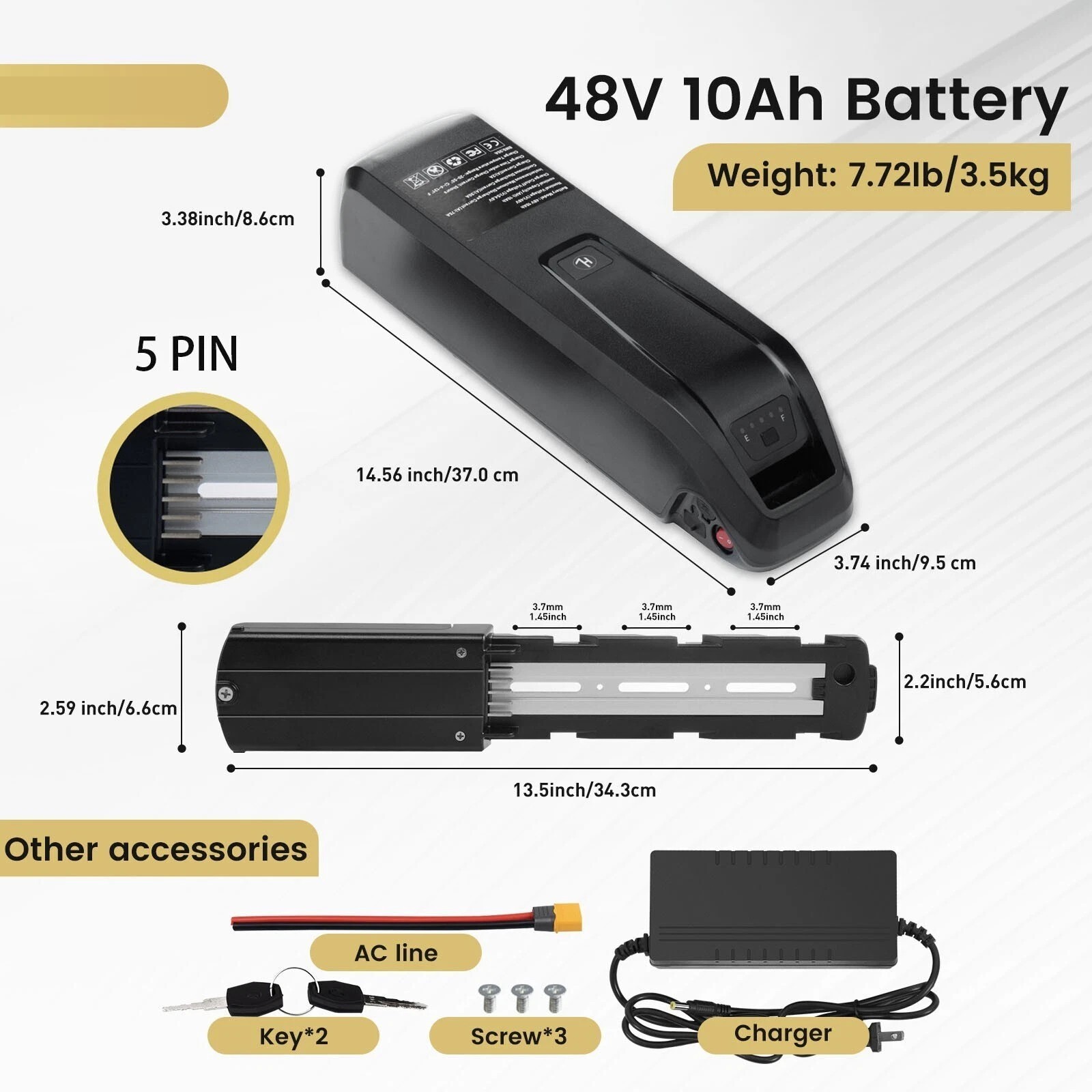 5PIN 48V 10Ah/15Ah/20Ah Electric bicycle Ebike lithium battery 200W-1800W Motors