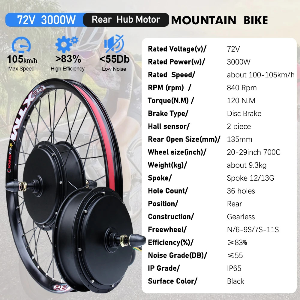MTX Ebike Kit 72V 3000W 105kmh Max Speed 20-29inch Brushless Rear Hub Motor