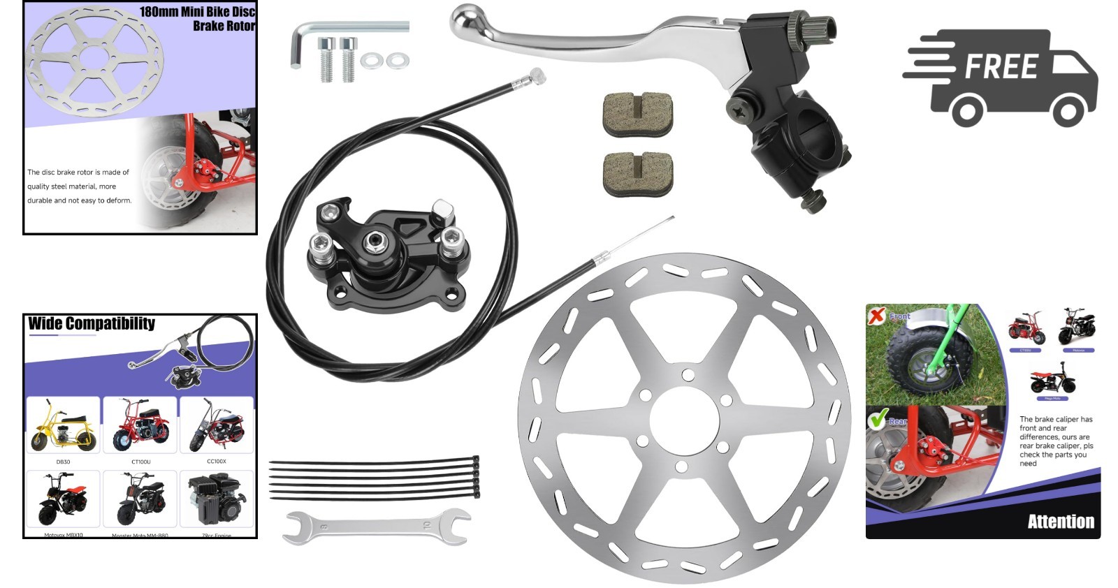 Mini Bike Brake Kit Disc Rotor Caliper Lever for Powersports 180mm 7/8″