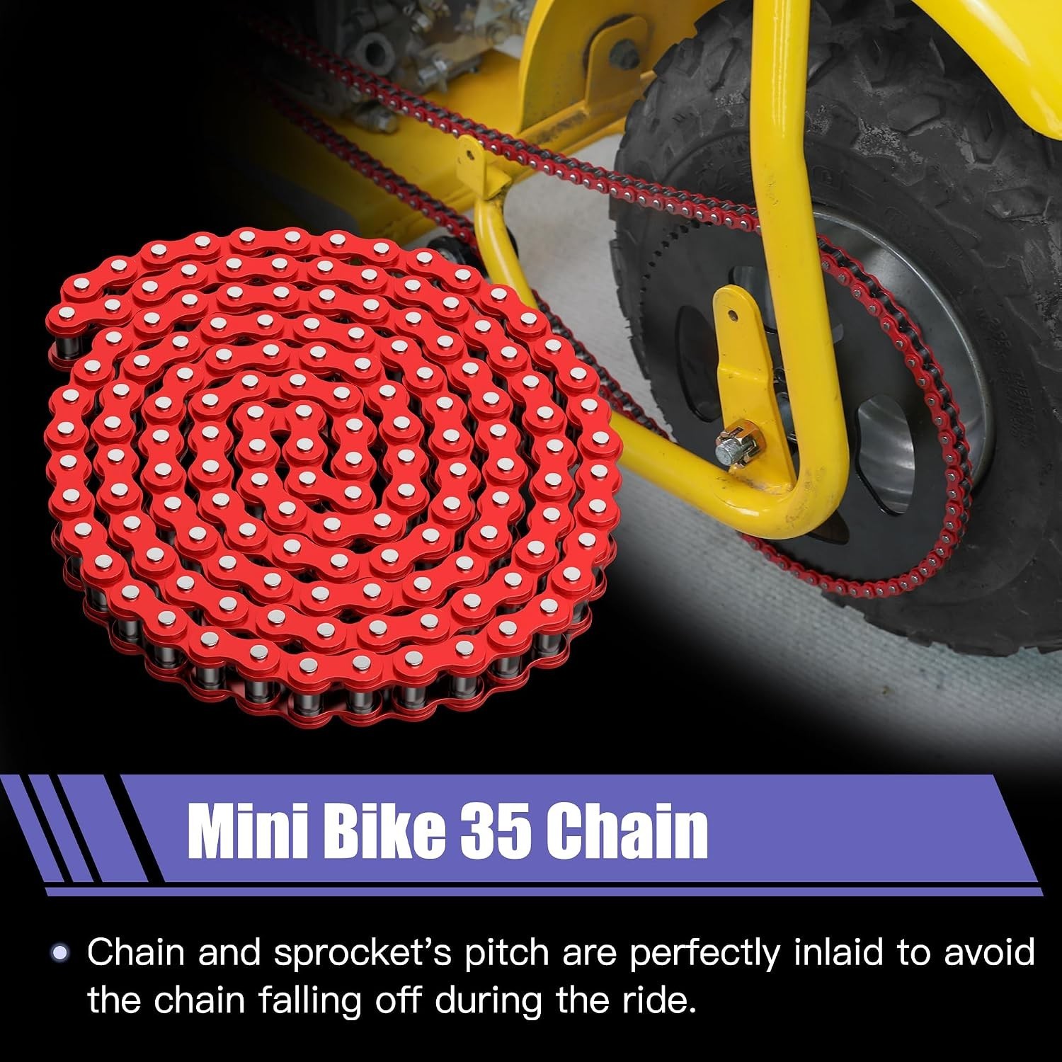 Mini Bike Chain 35 Links Alloy Steel Red Tensioner Compatible with Coleman