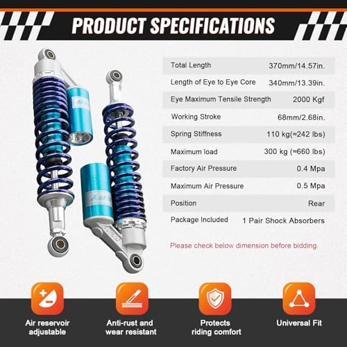 Zhisheng 340mm 13.4in Air Shock Absorber ATV Motorcycle Quad Suspension Blue