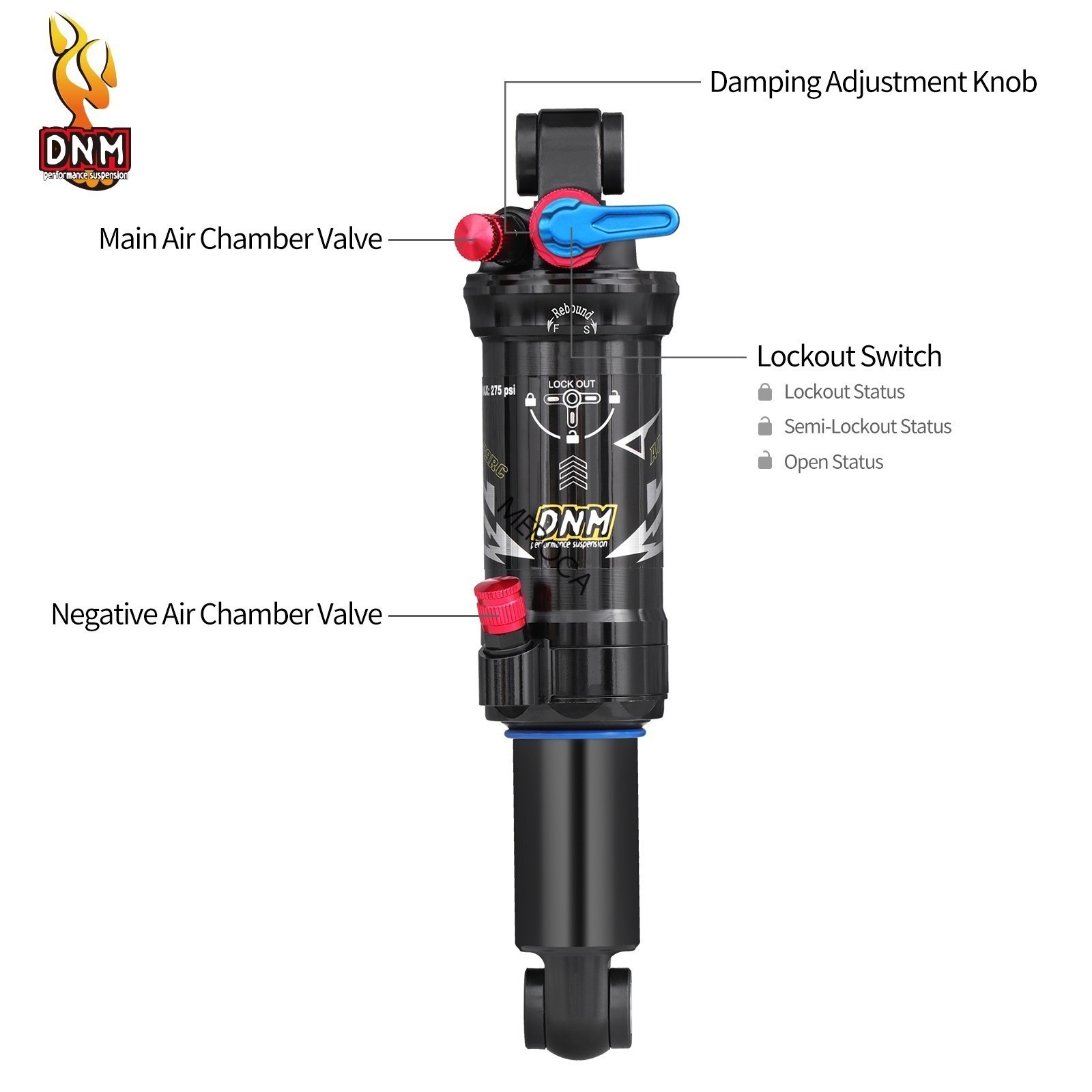 DNM Dual Air Shock Mountain Bike Bicycle Suspension Rear Shock 165/190/200mm MTB