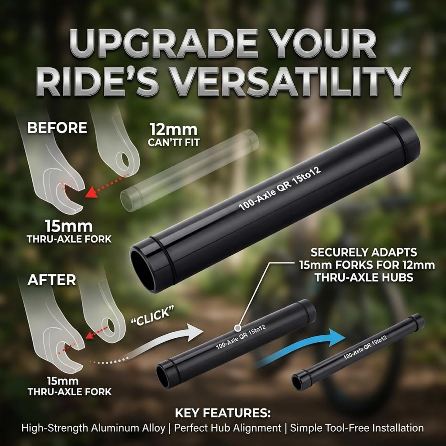 15mm to 12mm Thru axle Adapter, 15mm to 12mm Front Axle Adapter, Quick Release W