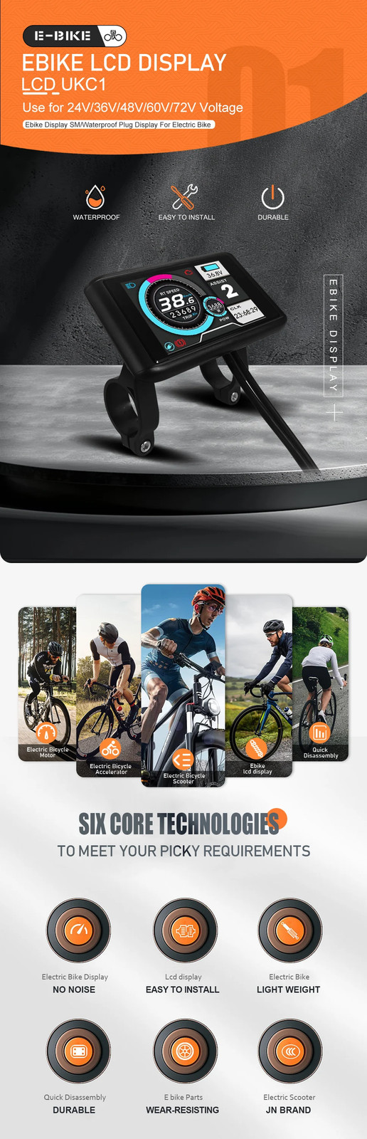 Electric Bicycle LCD Display 24V 36V 48V 52V 60V 72V SM/Waterproof Plug
