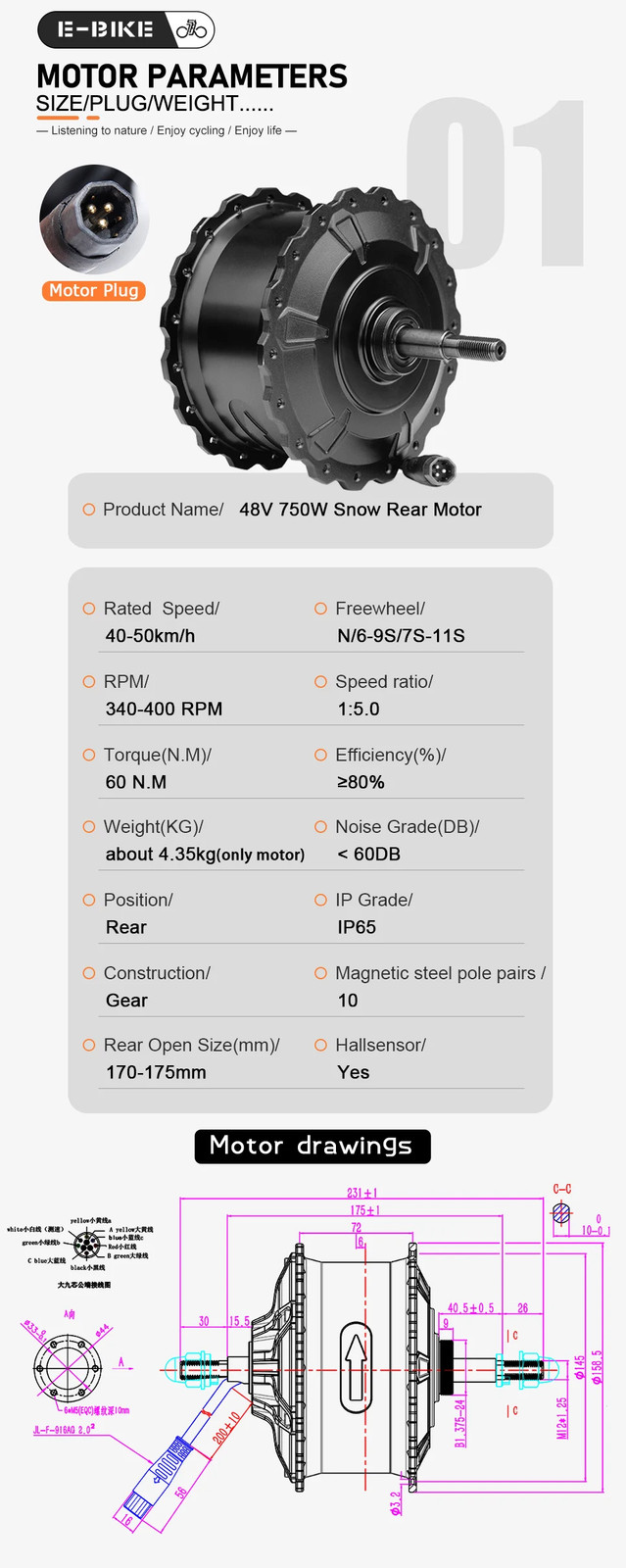 48V 750W 20-26in 4.0 Tyre Snow Electric Fat Bike Rear Brushless Hub Motor Wheel