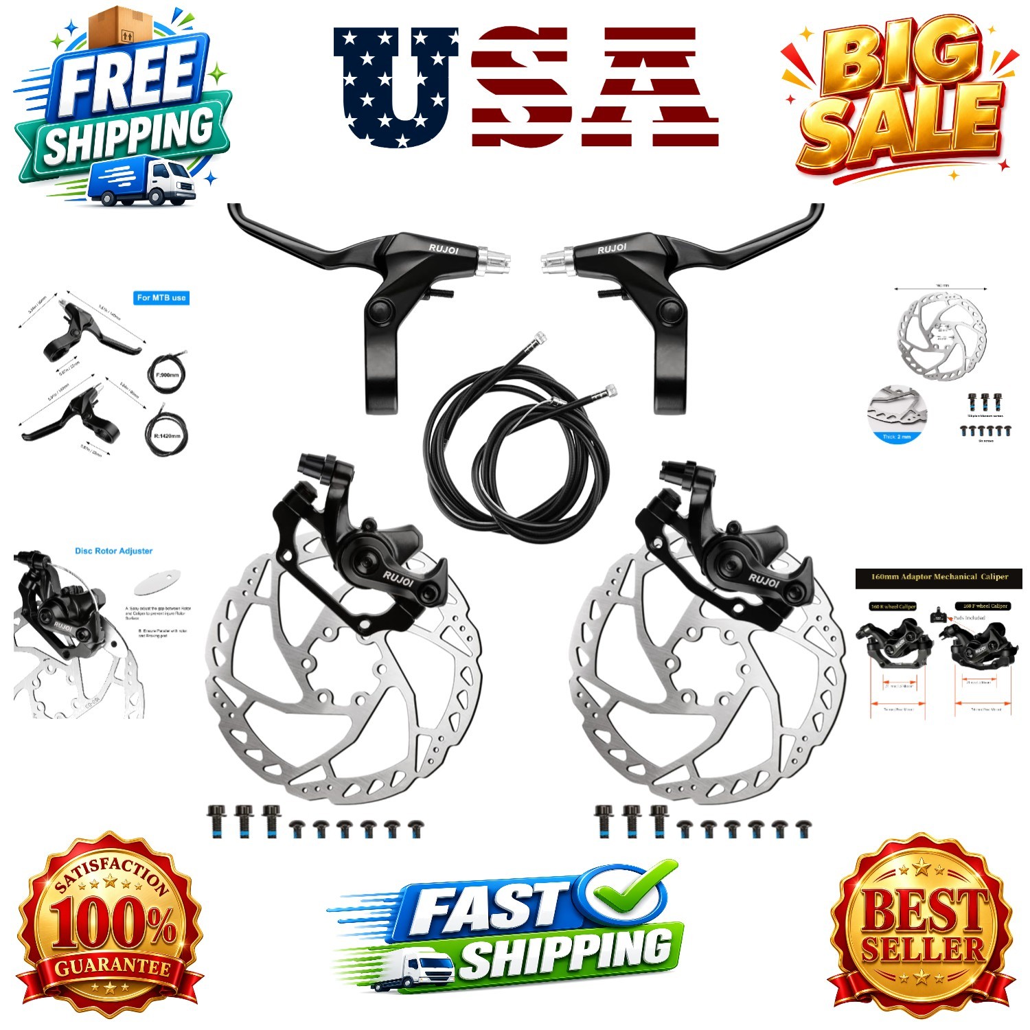 Bike Disc Brake Kit, Aluminum Front and Rear Caliper, Full Aluminum Alloy Bic…