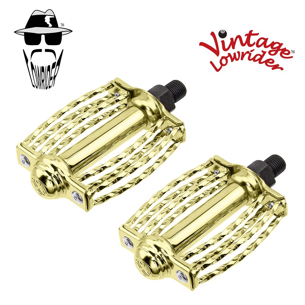 VINTAGE LOWRIDER DOUBLE SQUARE ROUND TWISTED STEEL BICYCLE PEDALS 1/2 IN GOLD