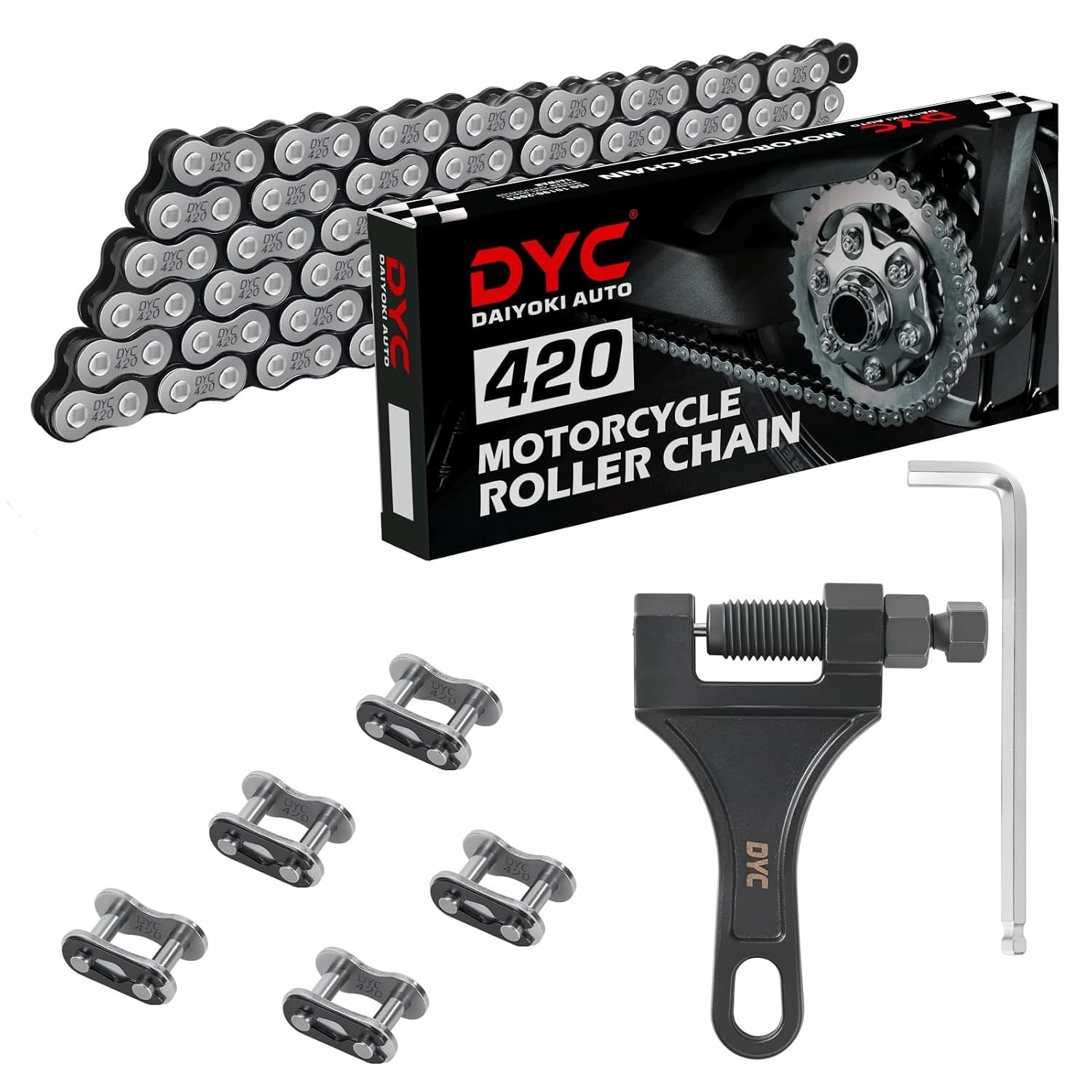 DYC 420 Chain 132 Links with 5 Master Links and Chain Breaker Tool | Cut to f…