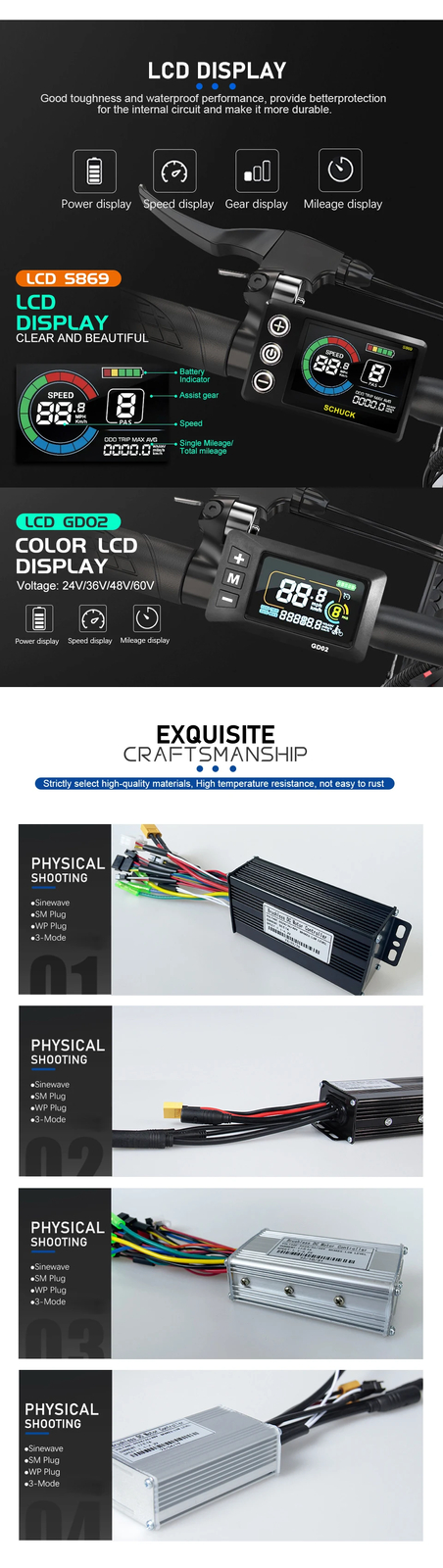 Electric Bike 3 Mode Sine Wave Controller 36V 48V 17A/26A/30A/40A Controller Kit