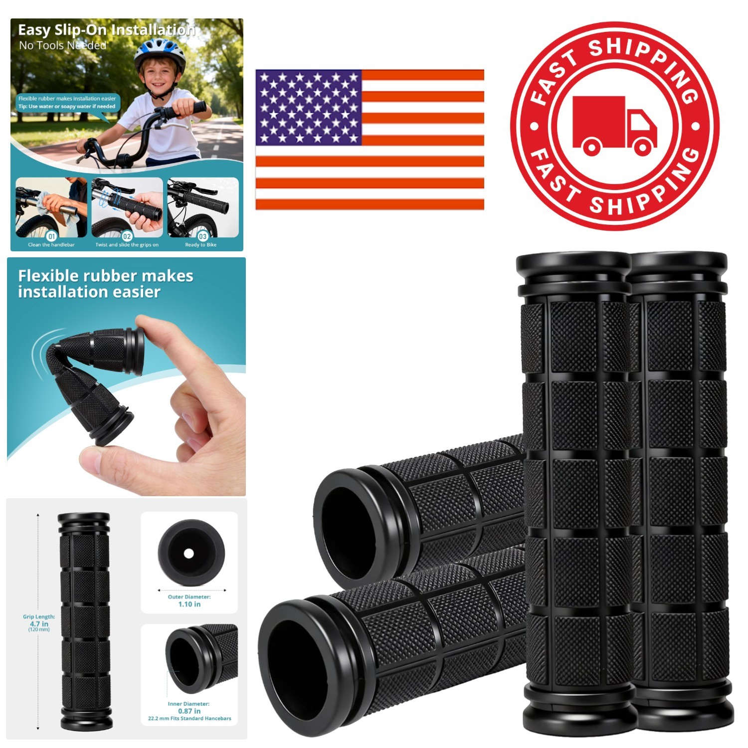 Bike Handlebar Grips Replacement Rubber Black Non Slip for Kids Bikes Scooters