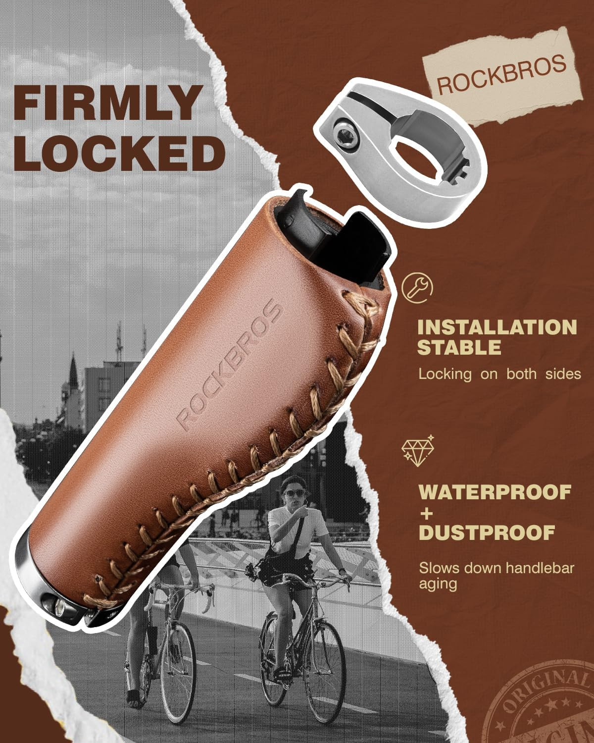 ROCKBROS Leather Bike Handlebar Grips Bike Grips Leather Grips Ergonomic Design,