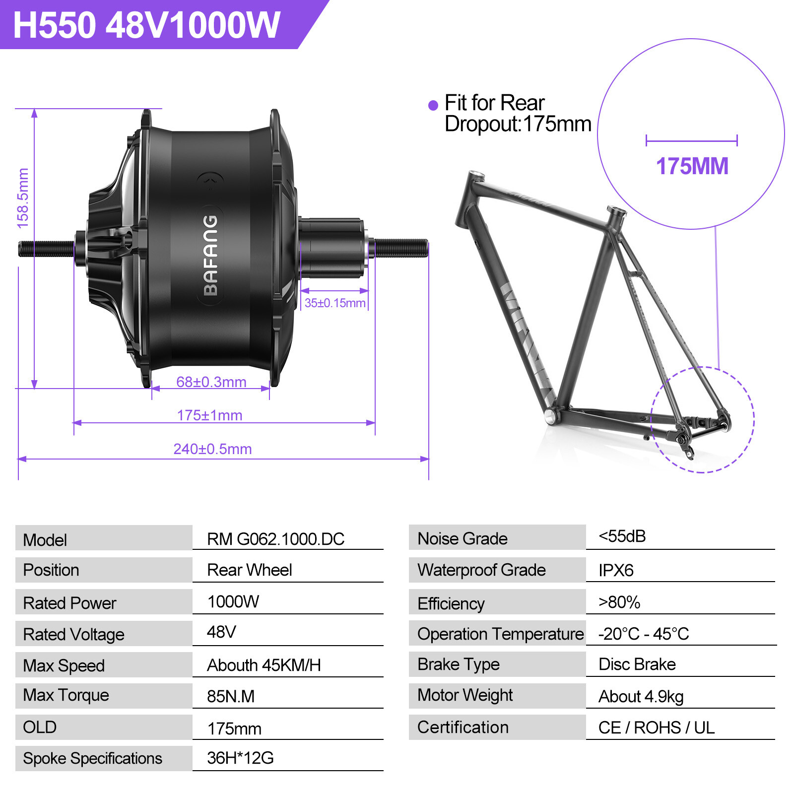 BAFANG 48V1000W Rear Hub Motor 26″ 20» Wheel Hub Motor Bicycle Conversion Kit