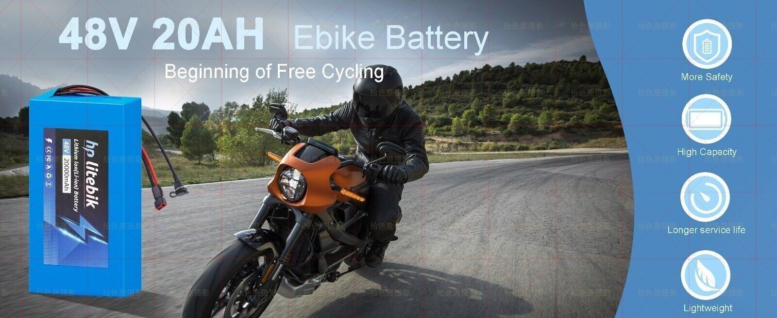 48V 20Ah Lithium Battery 30A BMS for ≤1500W Ebike Electric Bike Bicycle Scooter