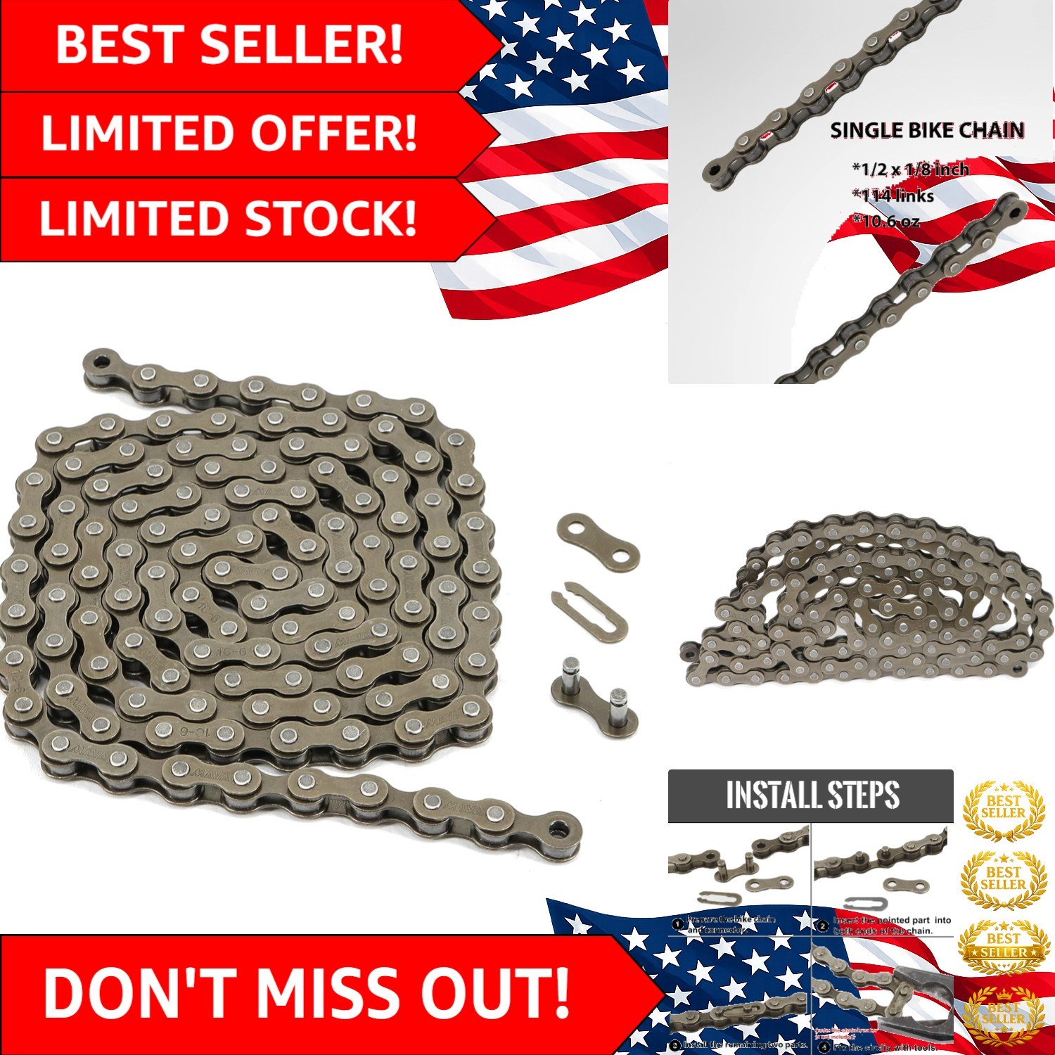Alloy Steel Single-Speed Bike Chain with Easy Install Magic Buckle – 114 Inches