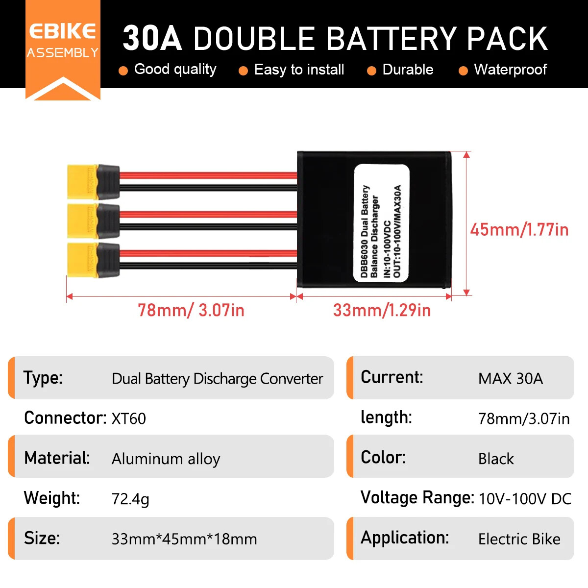 Electric Bike Double Battery Discharge Converter DC10-100V 20A 30A 40A 36V 48V