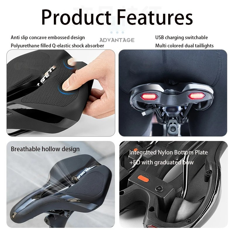 Bicycle Saddle with Dual Tail Lights USB charging PLSELIS MTB Road Bike