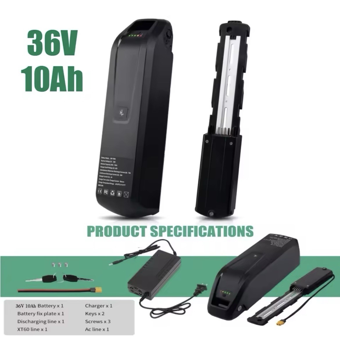 Hailong 36V 10Ah Ebike Battery, Compatible With 500, 750, 1000 Watt Ebikes