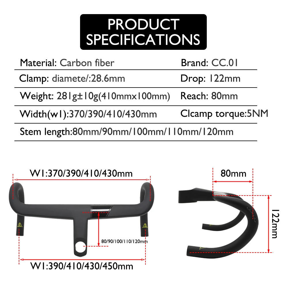 Carbon Fiber Integrated Handlebar for Road Bike 370-430mm with Computer Bracket