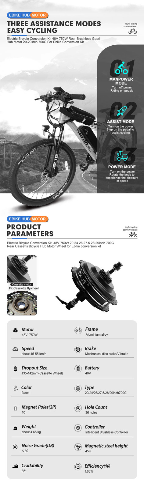 E-bike Conversion Kit 750W 48V Rear Cassette Brushless Gear Hub Motor Wheel