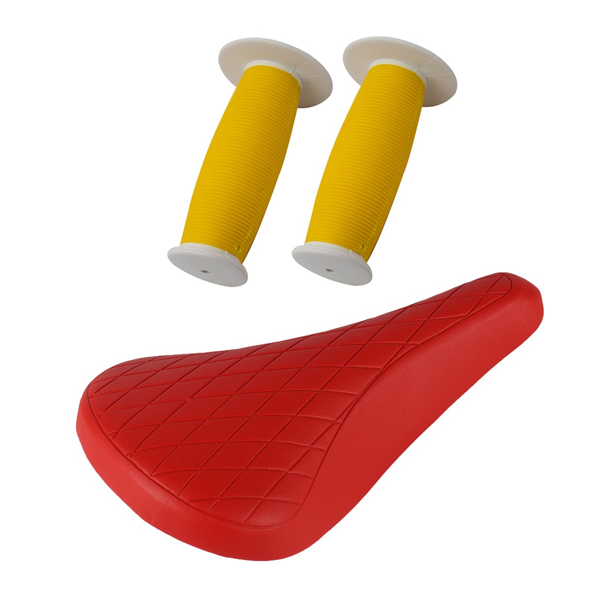 PRO+ Red Diamond Saddle & Yellow/White Mushroom Grips BMX BIKE