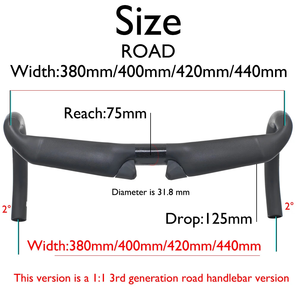 Carbon Fiber Road Gravel Cycling Handlebar Matte Black Diameter 31.8mm 380-440mm