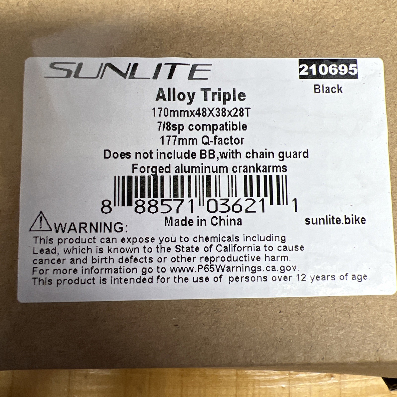 Sunlite Alloy Triple Crankset 170mm, 48/38/28T Aluminum, JIS Square Taper: NO BB