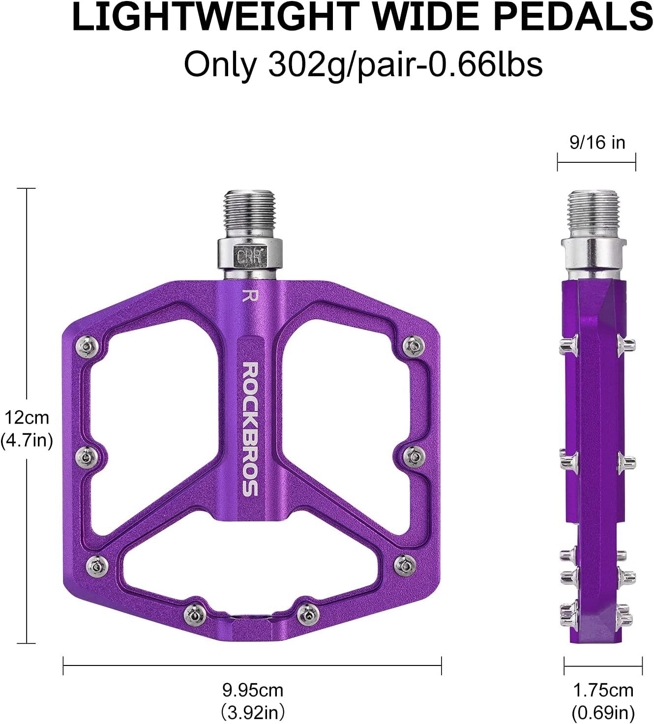 ROCKBROS Bike Pedals 9/16» Aluminum Alloy Flat Wide Platform Pedals 4 Bearings