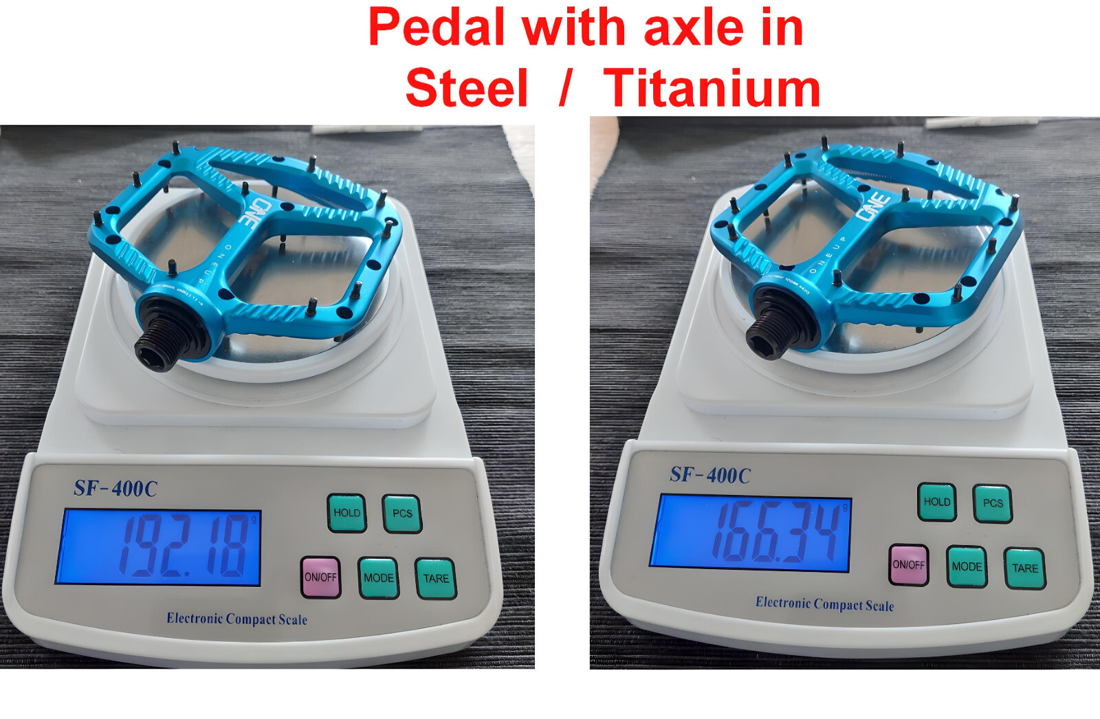 OneUp Aluminium: 2 Pedal axle in Titanium – 43% lighter – 2 colors!