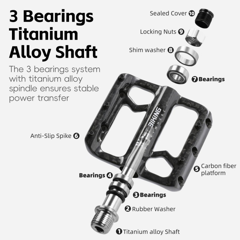 West Biking 3 Bearings Carbon Fibre Titanium Axle Bicycle Pedals Black 180g